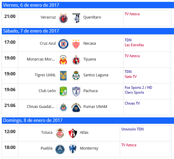 Trasmision por tv jornada 1 clausura 2017 del futbol mexicano